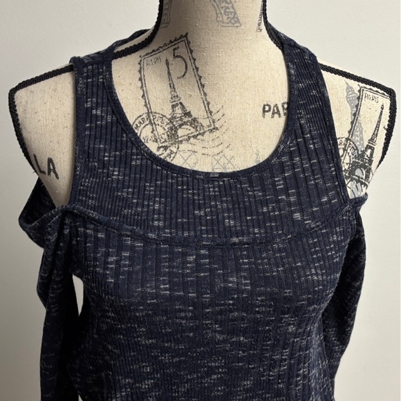 Blue Ribbed Cold Shoulder Knit Maturity Blouse - Picture 6 of 16